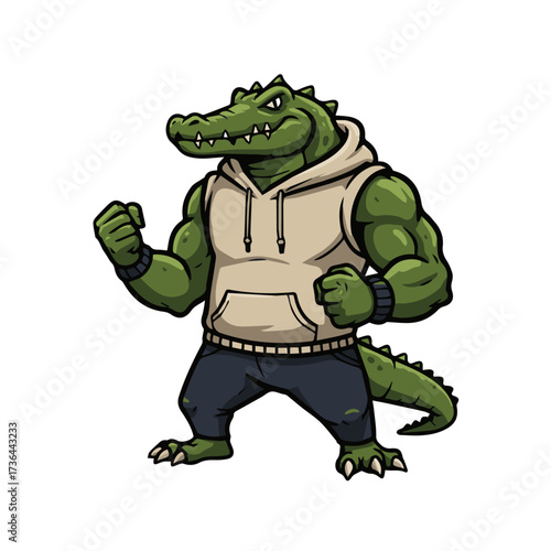 Muscular alligator cartoon character in hoodie, a fierce mascot for sports teams and brand marketing, looking tough and ready for action, a fun design asset