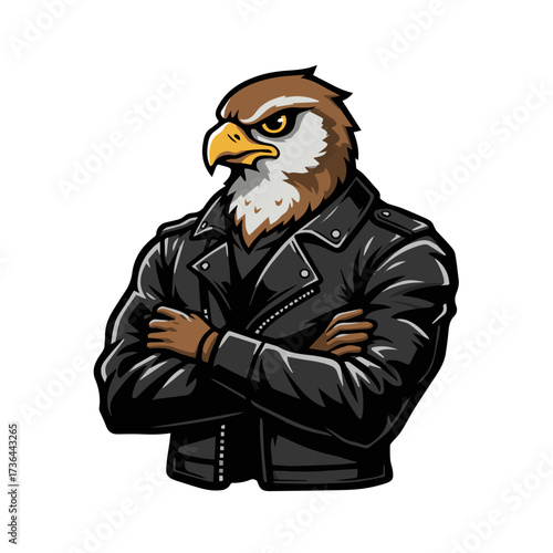 Tough falcon character in a leather jacket with a confident expression, perfect for edgy branding or mascot designs that need a bold, powerful image.