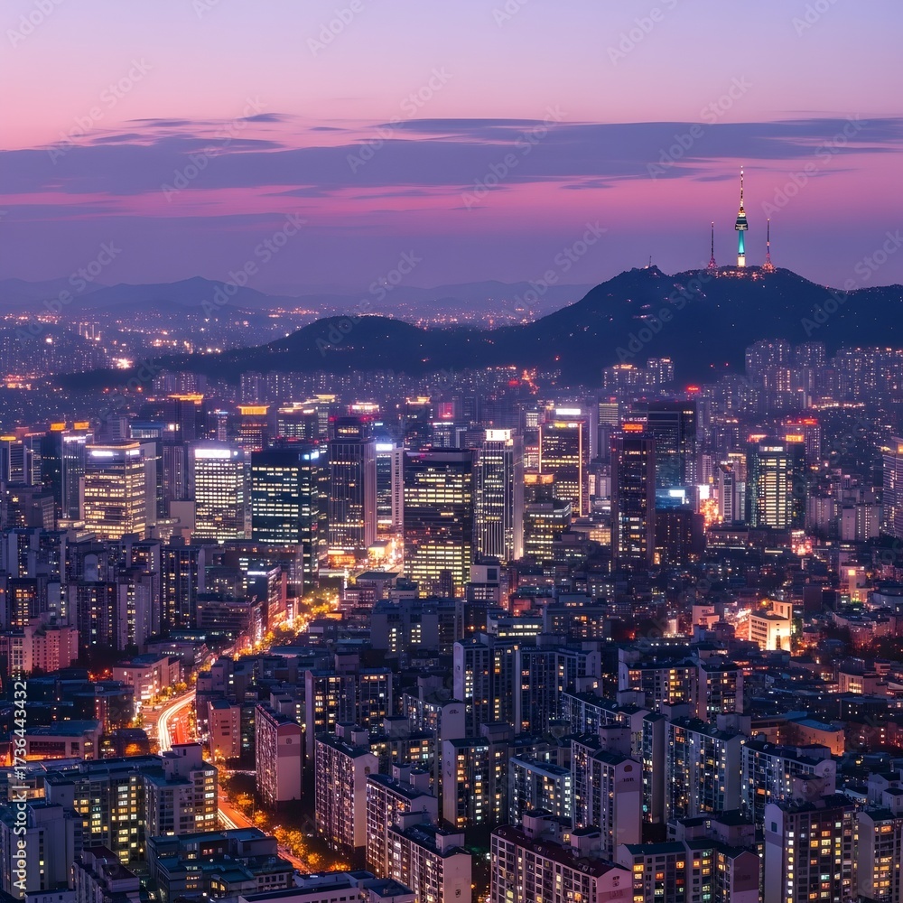 Obraz premium Seoul Skyline at Dusk with Namsan Tower and City Lights Shining Brightly