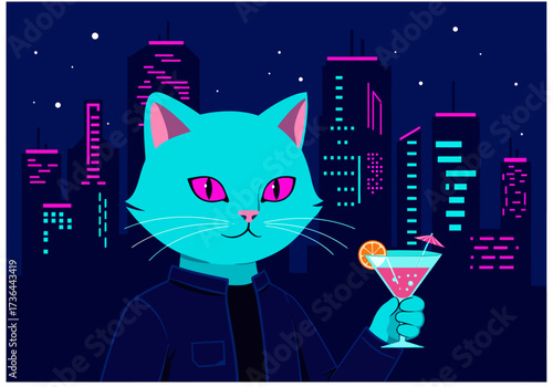 Stylish Cat with Cocktail in Cityscape Illustration.