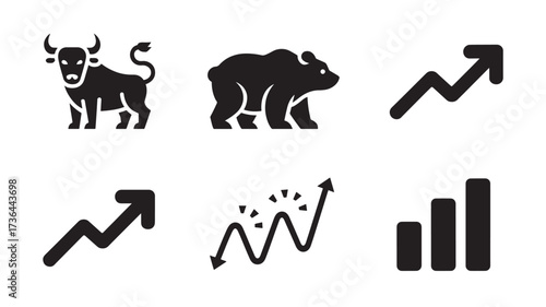 Bull and bear market icons stock market trend symbols in flat vector design isolated on white background