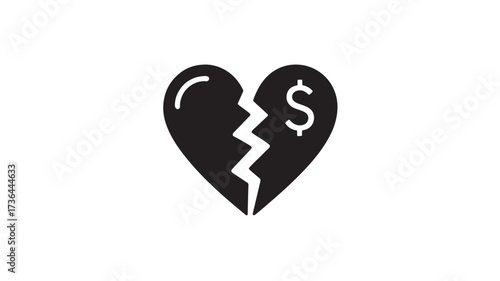 Broken heart with dollar sign financial loss concept simple black vector icon isolated on white background