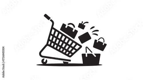 Shopping cart vector illustration with falling shopping bags simple flat design element for online store promotions