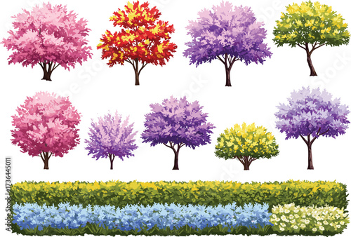 Flat vector, stylized trees and hedges, colorful foliage, seasonal plants, cartoon nature illustration, garden design elements, clean white background