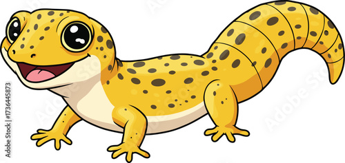 Cartoon gecko illustration, cute yellow lizard drawing, smiling reptile artwork, spotted exotic animal design, happy pet gecko character, fun wildlife
