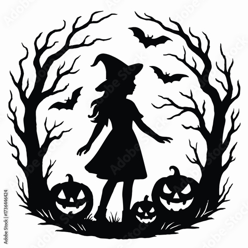 silhouette of a witch with a pumpkin