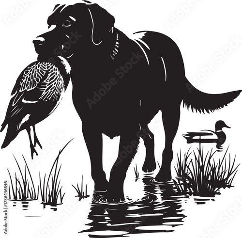 Black labrador dog carrying duck in water with reeds
