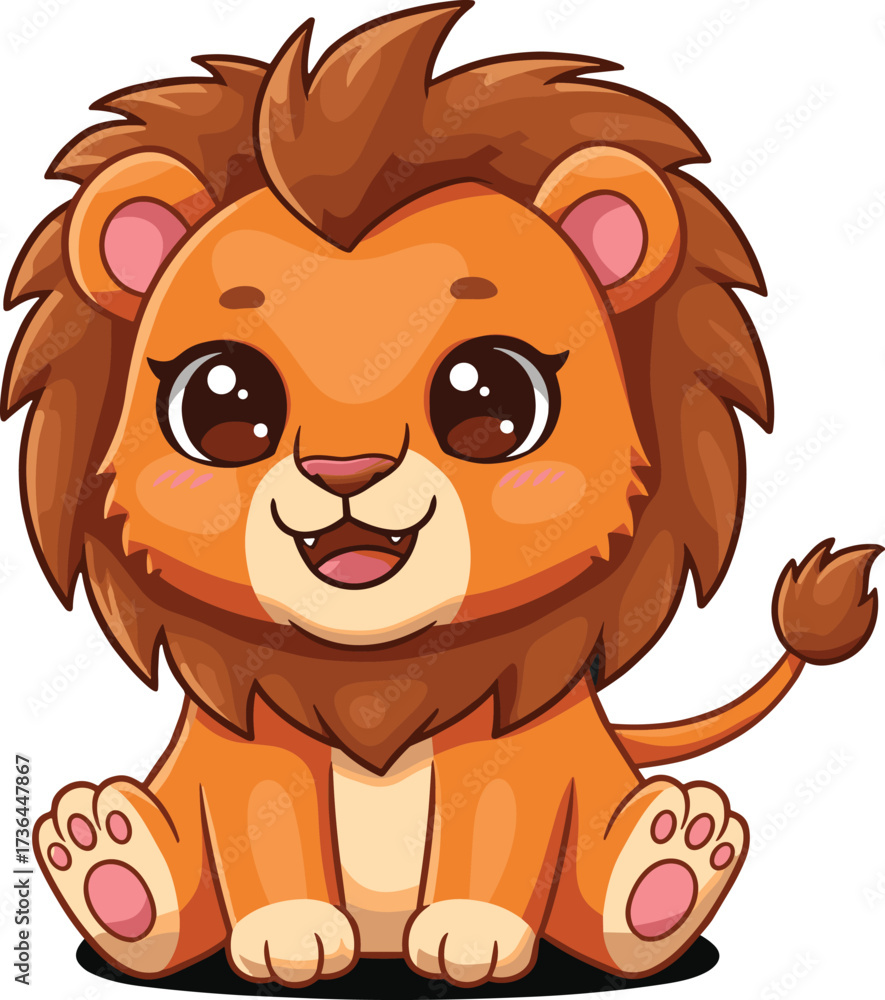 Obraz premium Cartoon lion cub, cute baby lion illustration, adorable jungle king character, happy wild animal artwork, smiling lion drawing, fun wildlife design