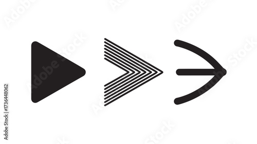 Set of three arrow icons forward direction indicators in minimalist style vector design elements isolated on white background