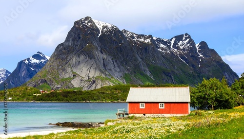 Picturesque coastal cabin nestled by a fjord, with snow-capped mountains in the background