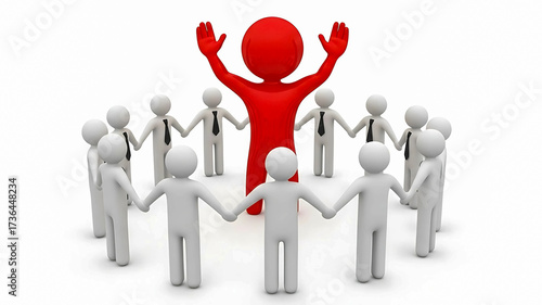 Unity and Leadership: Red 3D Figure Leading a Circle of White Connected People