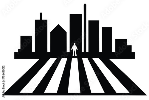 Black and White Cityscape Silhouette with Pedestrian Crossing on a Crosswalk