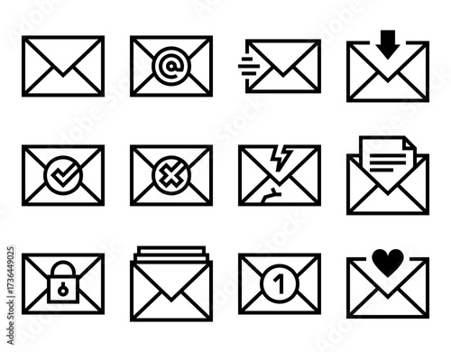 Conjunto de iconos de correo electrónico. Enviar, recibir, aprobación, rechazo, bloqueo, mensaje. Ilustración vectorial