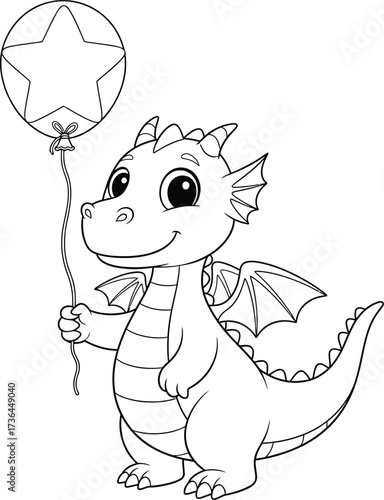 Adorable Baby Dragon Holding a Star Balloon - Cute Outline Illustration for Kids and Fantasy Designs