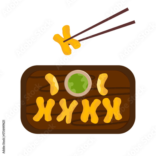 Golden crispy fried dough, fried dough sticks with pandan custard, delicious breakfast vector illustration