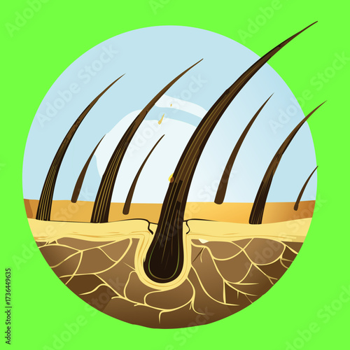 Medical illustration of hair follicles within dry skin showing dehydration and damaged texture on the scalp surface