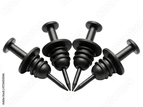 Set of four black plastic stoppers for wine on a transparent background