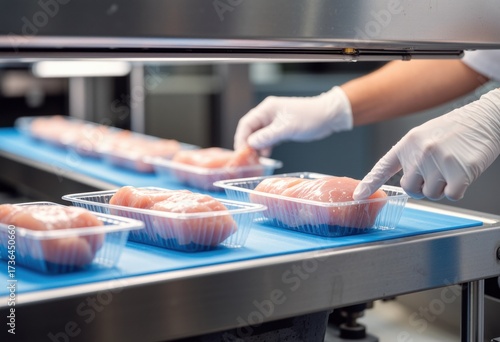 Food processing line with transparent packaging and gloves