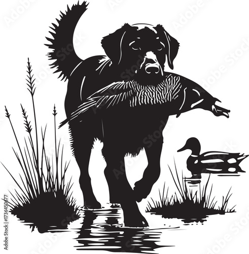 Black Labrador dog retrieving duck in water with reeds