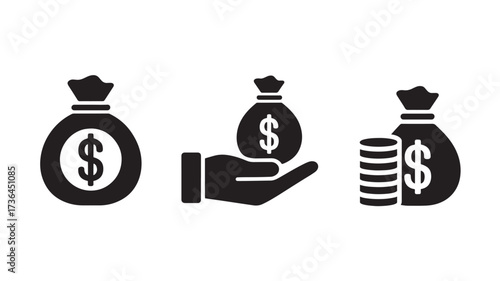Money bag and coins icons simple black glyph vector set for finance and investment concepts