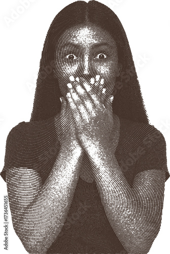 Riso print style vector portrait of a shocked woman covering her mouth. Monochrome halftone illustration with a surprised expression and wide eyes in an abstract design.