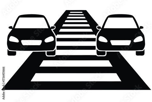 Black and White Illustration of Cars Approaching a Zebra Crossing