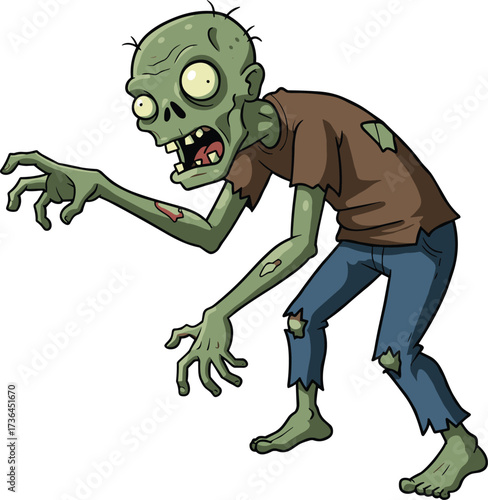 Creepy zombie cartoon, scary undead character, grotesque monster illustration, horror design vector, Halloween artwork, spooky creature drawing, walking dead, flat vector