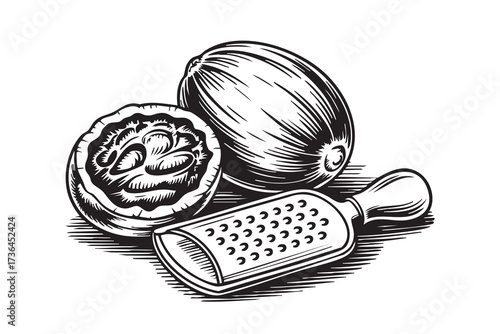 Vintage engraving illustration of nutmeg with grater. Detailed black and white spice drawing isolated on white