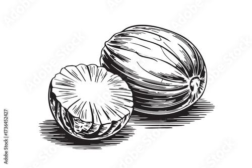 Vintage engraving nutmeg fruit whole and half. Black and white spice illustration isolated on white