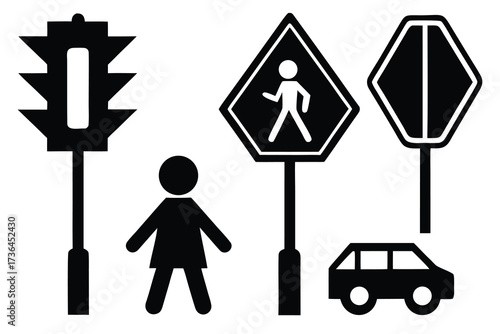 Black and White Illustration of Traffic Signs, a Traffic Light, a Car, and a Pedestrian