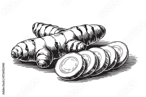 Vintage engraving of ginger root and slices. Black and white spice illustration isolated on white