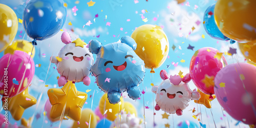 parade of balloons in the shape of stars and animals, smiling clouds