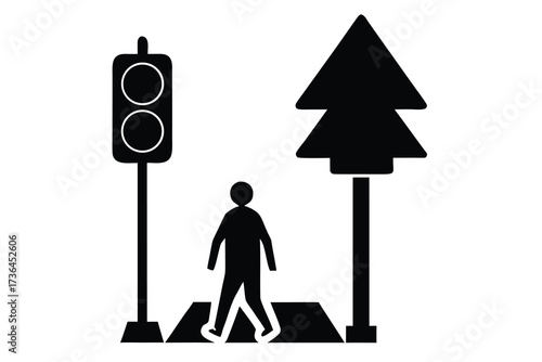 Black and White Illustration Pedestrian Crossing, Traffic Light, and Fir Tree Sign