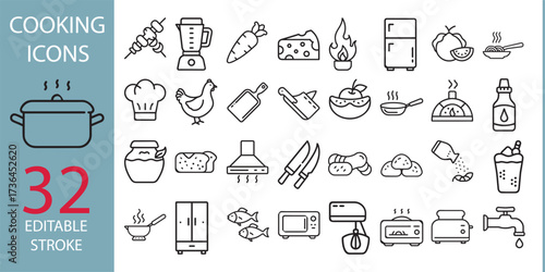 Cooking & Kitchen - Thin line vector icon set. Pixel perfect. For Mobile and Web. Kitchen, Food, Cooking Pan, Frying Pan, Baking, Multicooker, Kitchen Knife, Chef, Hat, Bowl, Domestic Kitchen