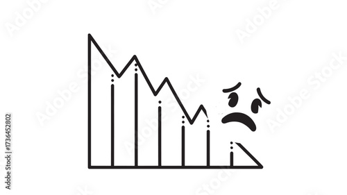 Sad downward trend chart with a face simple line art vector illustration for financial reports and business presentations isolated on white