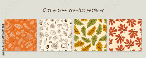 Set with cute autumn seamless patterns with cozy elements. Nature prints. For postcards, packaging, fabric prints. Color and line style.