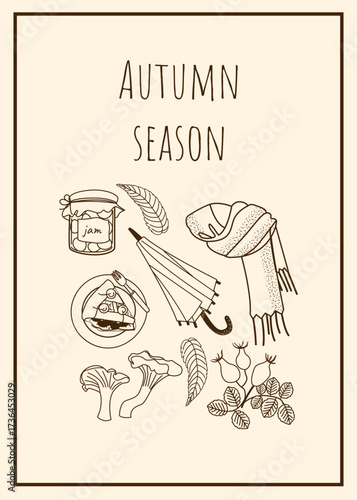 Fall poster design with cute hand drawn illustrations: Cozy scarf, umbrella, sweets. For your project of seasonal coziness. Autumn vibe	

