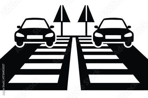 Black and White Illustration Two Cars Approaching Zebra Crossing With Triangular Traffic Signs