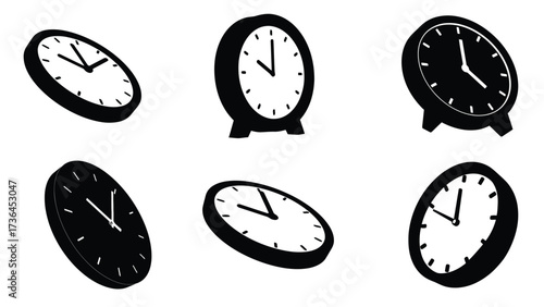 Set of Black and White Clock and Time Icons in Multiple Styles Representing Stopwatch, Alarm, Schedule and Productivity – Outline and Silhouette Vector Illustration