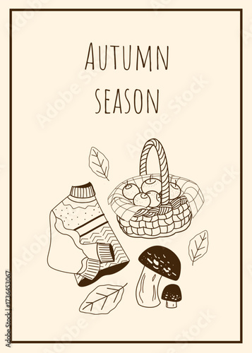 Autumn poster design with cute hand drawn illustrations: Cozy sweater, apple harvest, mushrooms. For your project of seasonal coziness. 