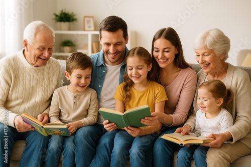 Reading Together: Three generations of a loving family are gathered to share the magic of books, with laughter and warmth filling the cozy scene, creating memories together.