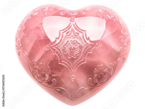Pink translucent heart-shaped decorative object with floral designs on a transparent background