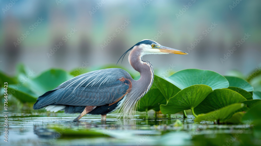 Fototapeta premium Great blue heron standing in wetland among green lily pads