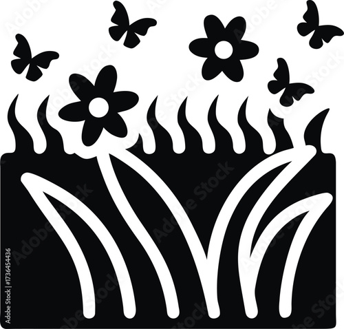 Delicate line drawing of a field with blooming flowers and fluttering butterflies isolated on white background isolated on transparent background