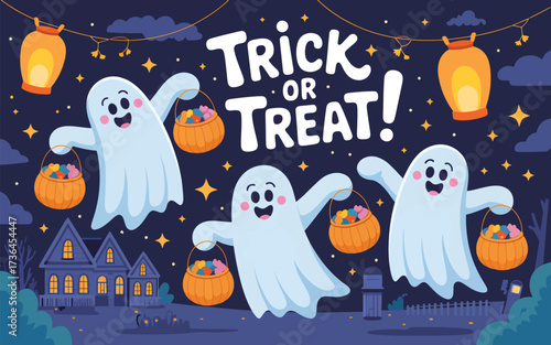 Three cute ghosts trick or treating at night halloween