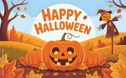Happy Halloween pumpkins and scarecrow in autumn landscape