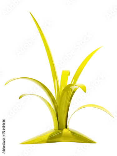 Modern abstract yellow metallic sculpture shaped like a plant on a transparent background