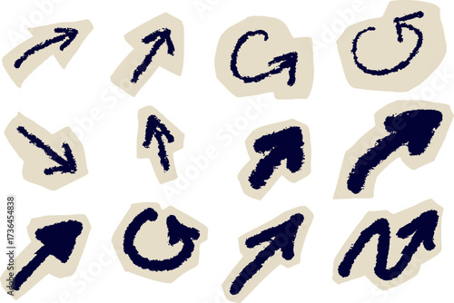 Hand drawn arrows, sketch style vector set with unique shapes on paper cutouts, great for creative designs. Dark ink illustrations offer versatile pointers, perfect for artistic projects or layouts.