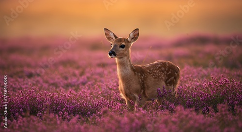 Fototapeta Naklejka Na Ścianę i Meble -  Young Deer Fawn Standing in Pink Flower Field During Sunset