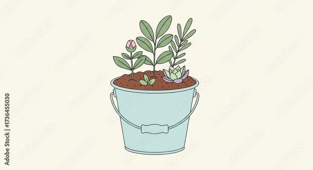 Fototapeta premium Various plants with light green leaves and one with a pink bud sprout from the brown soil inside a light blue bucket against a soft off-white background.